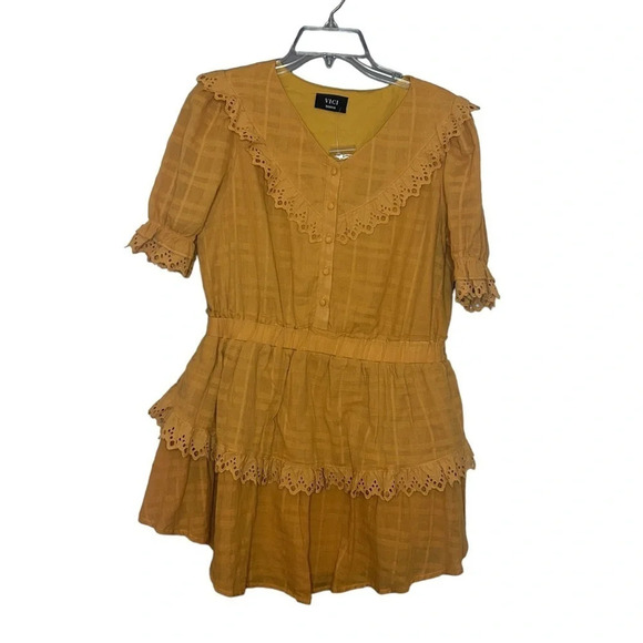 Vici dress Morgana cotton short eyelet mustard yellow size medium - Picture 12 of 15